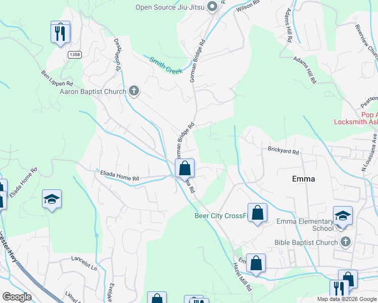 map of restaurants, bars, coffee shops, grocery stores, and more near 502 Gorman Bridge Road in Asheville
