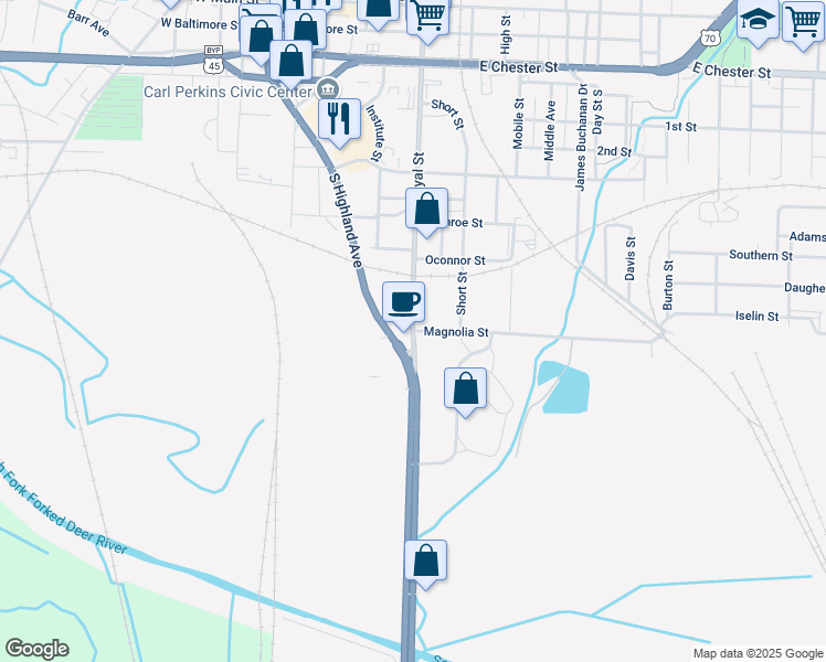 map of restaurants, bars, coffee shops, grocery stores, and more near 100 Magnolia Street in Jackson