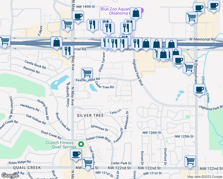 map of restaurants, bars, coffee shops, grocery stores, and more near 2604 Cedar Tree Road in Oklahoma City