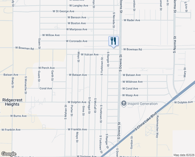 map of restaurants, bars, coffee shops, grocery stores, and more near 1109 South Yorktown Street in Ridgecrest