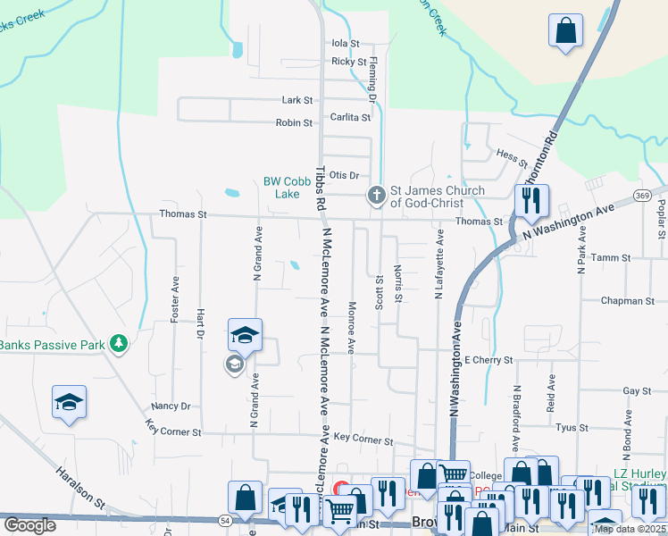map of restaurants, bars, coffee shops, grocery stores, and more near 1010 North McLemore Avenue in Brownsville