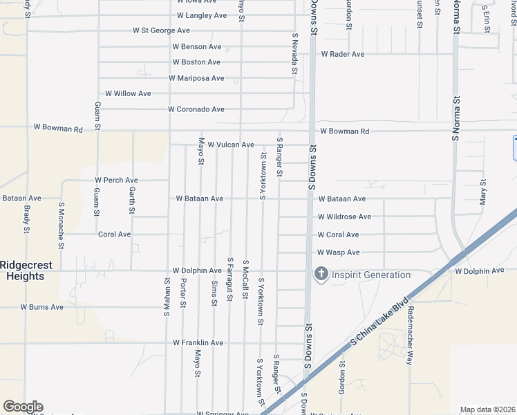 map of restaurants, bars, coffee shops, grocery stores, and more near 1109 South Yorktown Street in Ridgecrest