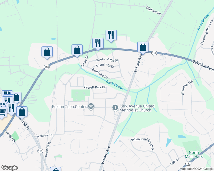 map of restaurants, bars, coffee shops, grocery stores, and more near 199 Everett Park Drive in Mooresville