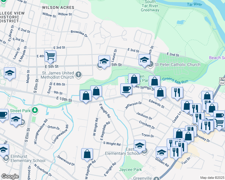 map of restaurants, bars, coffee shops, grocery stores, and more near College View Drive in Greenville