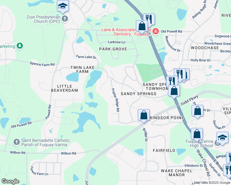 map of restaurants, bars, coffee shops, grocery stores, and more near 1404 Poplar Ridge Road in Fuquay-Varina