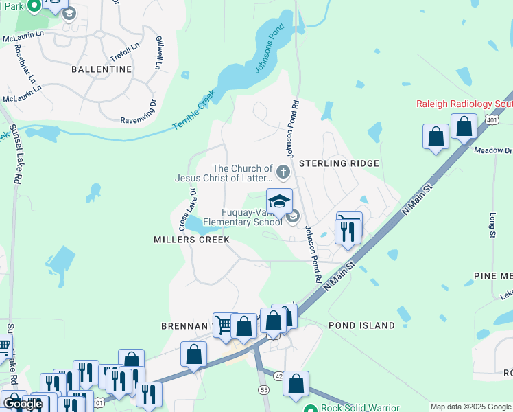 map of restaurants, bars, coffee shops, grocery stores, and more near 6540 Johnson Pond Road in Fuquay-Varina
