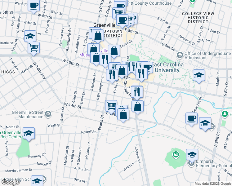 map of restaurants, bars, coffee shops, grocery stores, and more near 1114 Cotanche Street in Greenville