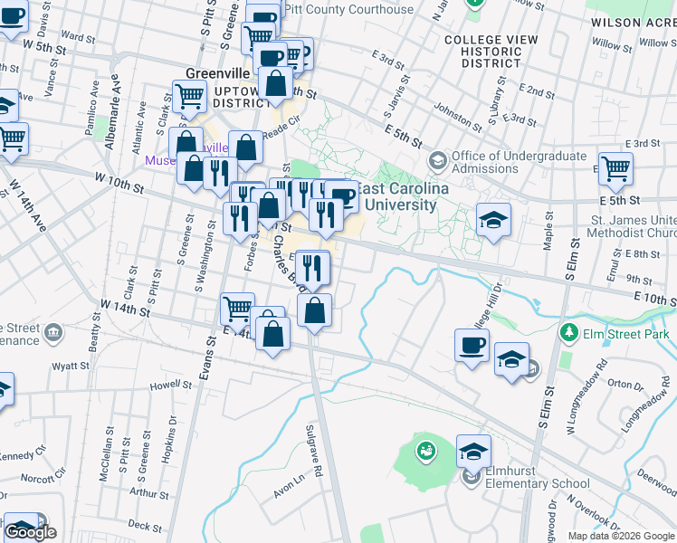 map of restaurants, bars, coffee shops, grocery stores, and more near 500 East 11th Street in Greenville