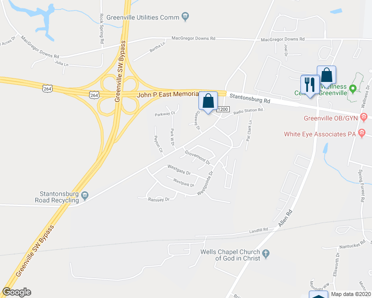 map of restaurants, bars, coffee shops, grocery stores, and more near in Greenville