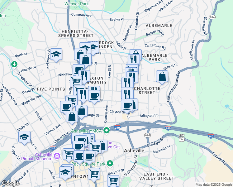 map of restaurants, bars, coffee shops, grocery stores, and more near 121 Broad Street in Asheville