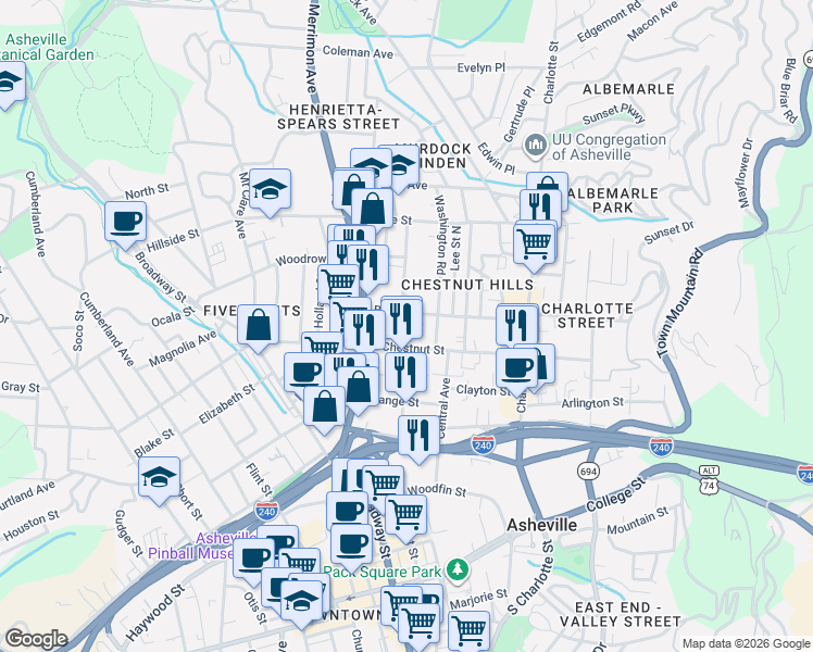 map of restaurants, bars, coffee shops, grocery stores, and more near 49 Broad Street in Asheville