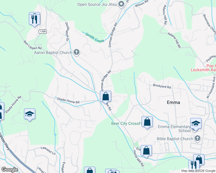 map of restaurants, bars, coffee shops, grocery stores, and more near 502 Gorman Bridge Road in Asheville