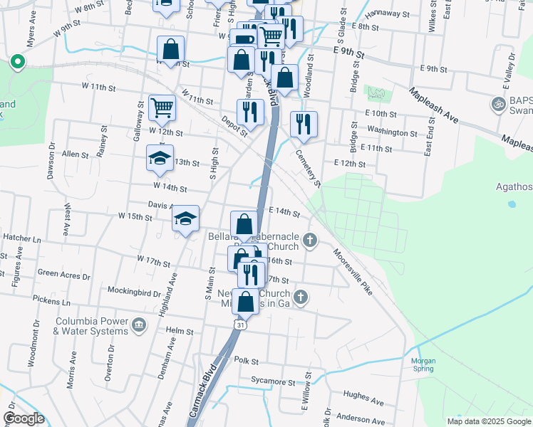 map of restaurants, bars, coffee shops, grocery stores, and more near 1500 Carmack Boulevard in Columbia