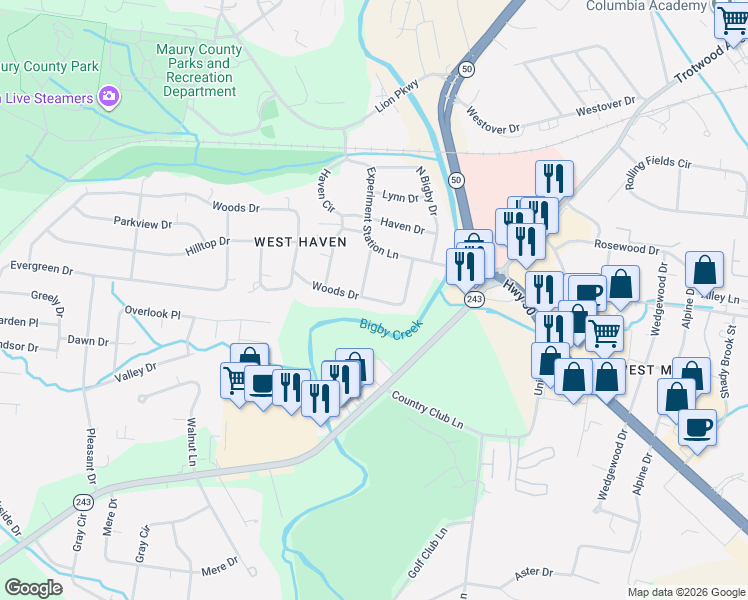 map of restaurants, bars, coffee shops, grocery stores, and more near 204 South Bigby Drive in Columbia
