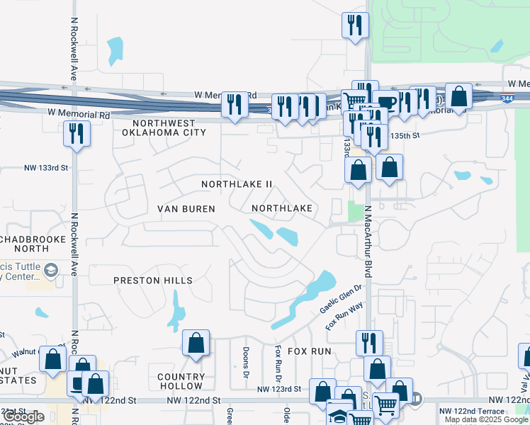 map of restaurants, bars, coffee shops, grocery stores, and more near 13301 Northstar Drive in Oklahoma City