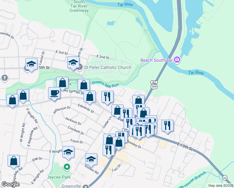map of restaurants, bars, coffee shops, grocery stores, and more near 716 Verdant Drive in Greenville