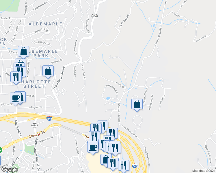 map of restaurants, bars, coffee shops, grocery stores, and more near 27 Rollingwood Road in Asheville