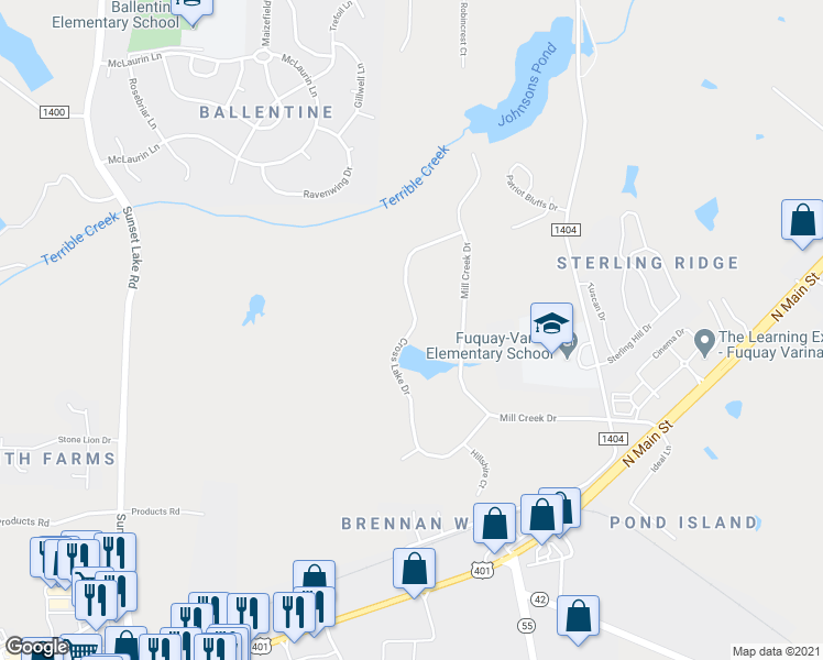 map of restaurants, bars, coffee shops, grocery stores, and more near 302 Cross Lake Drive in Fuquay Varina