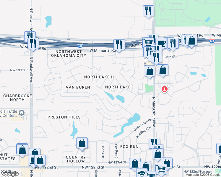 map of restaurants, bars, coffee shops, grocery stores, and more near 13301 Northstar Drive in Oklahoma City