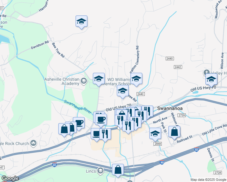 map of restaurants, bars, coffee shops, grocery stores, and more near Bee Meadows Circle in Swannanoa