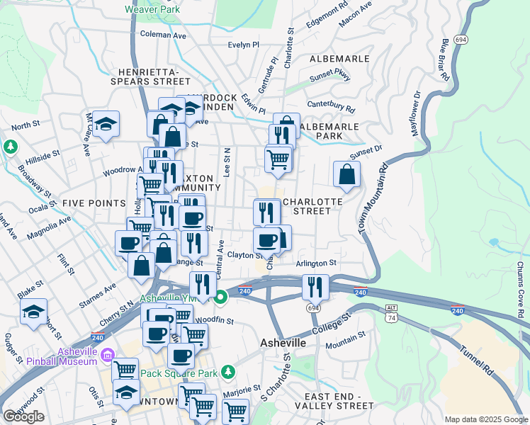 map of restaurants, bars, coffee shops, grocery stores, and more near 129 Charlotte Street in Asheville