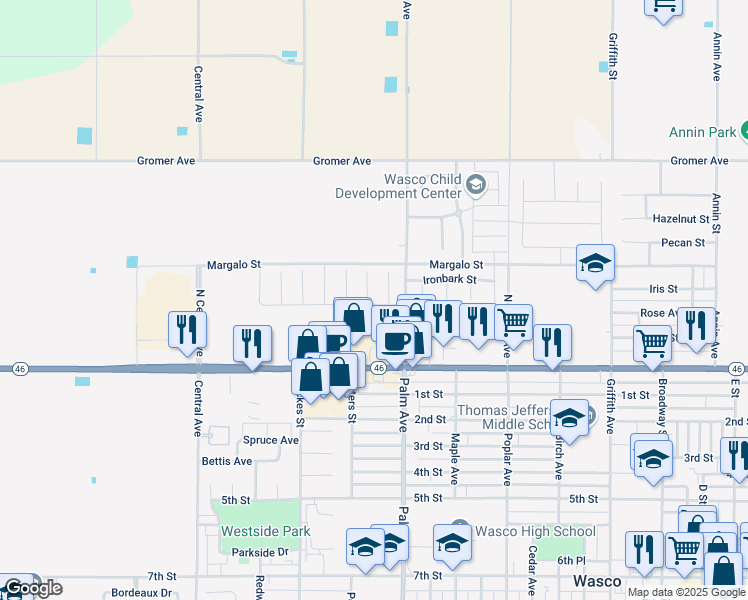 map of restaurants, bars, coffee shops, grocery stores, and more near 302 Goldspire Court in Wasco