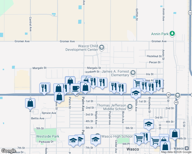 map of restaurants, bars, coffee shops, grocery stores, and more near 313 Saguaro Court in Wasco