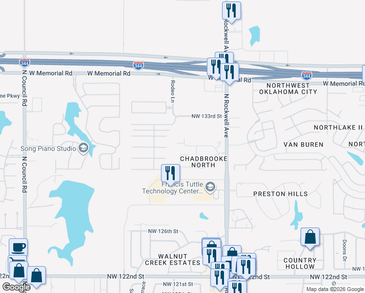 map of restaurants, bars, coffee shops, grocery stores, and more near 7400 Northwest 131st Street in Oklahoma City