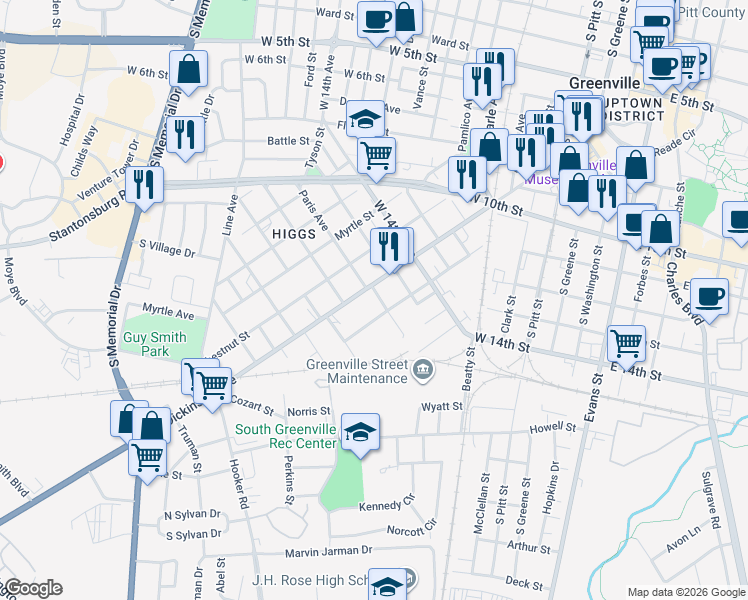 map of restaurants, bars, coffee shops, grocery stores, and more near 1403 Dickinson Avenue in Greenville