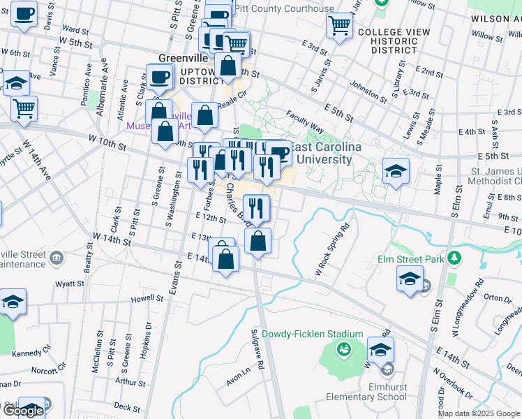 map of restaurants, bars, coffee shops, grocery stores, and more near 500 East 11th Street in Greenville