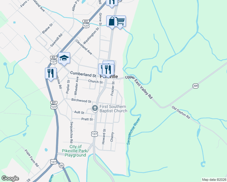 map of restaurants, bars, coffee shops, grocery stores, and more near 102 Frazier St in Pikeville