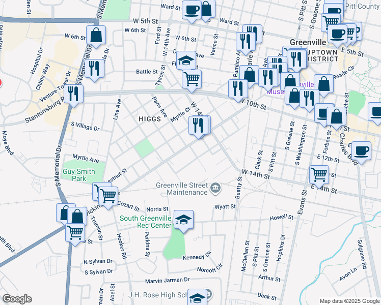 map of restaurants, bars, coffee shops, grocery stores, and more near 106 Ridgeway Street in Greenville