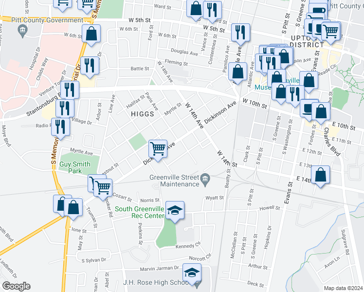 map of restaurants, bars, coffee shops, grocery stores, and more near 106 Ridgeway Street in Greenville
