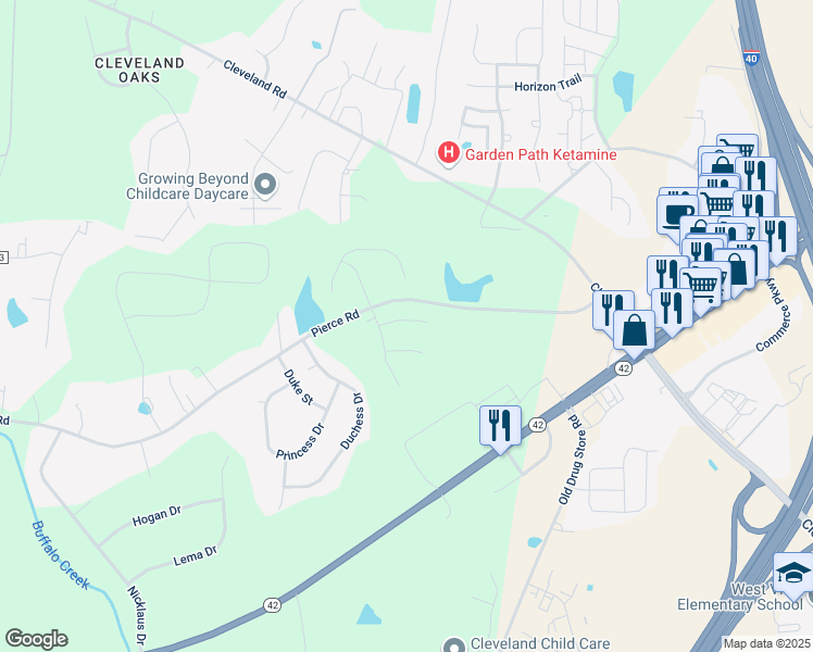 map of restaurants, bars, coffee shops, grocery stores, and more near 56 Forest Meadow Court in Garner