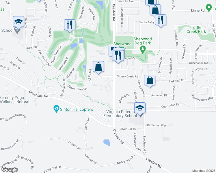 map of restaurants, bars, coffee shops, grocery stores, and more near 2401 Branch Creek Circle in Paso Robles