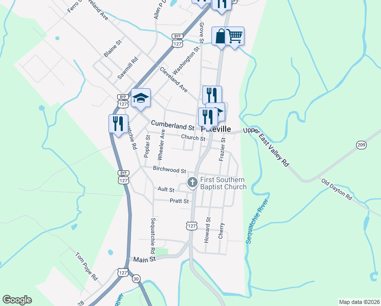 map of restaurants, bars, coffee shops, grocery stores, and more near 123 Grove Street in Pikeville