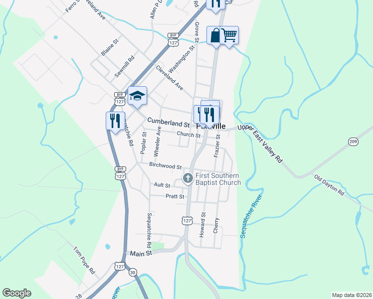 map of restaurants, bars, coffee shops, grocery stores, and more near 123 Grove Street in Pikeville