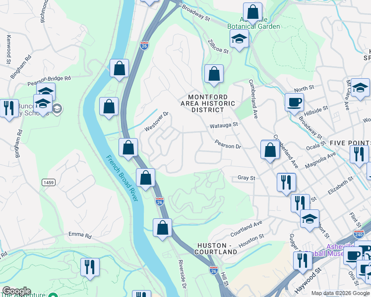map of restaurants, bars, coffee shops, grocery stores, and more near 28 Westover Drive in Asheville