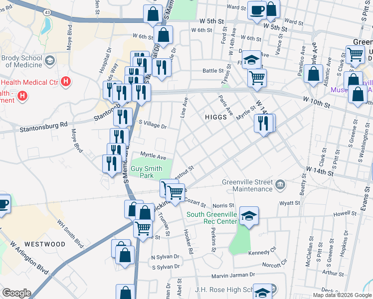 map of restaurants, bars, coffee shops, grocery stores, and more near 1900 Myrtle Street in Greenville