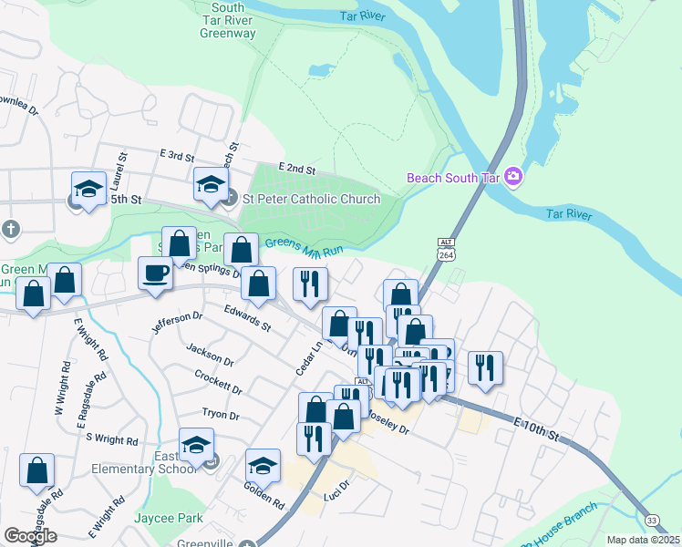 map of restaurants, bars, coffee shops, grocery stores, and more near 716 Verdant Drive in Greenville