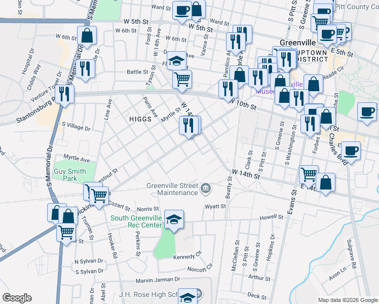 map of restaurants, bars, coffee shops, grocery stores, and more near 1403 Dickinson Avenue in Greenville