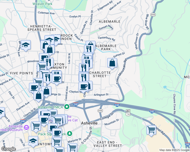 map of restaurants, bars, coffee shops, grocery stores, and more near in Asheville