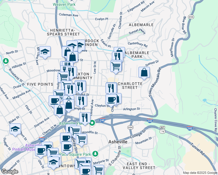 map of restaurants, bars, coffee shops, grocery stores, and more near 121 Broad Street in Asheville