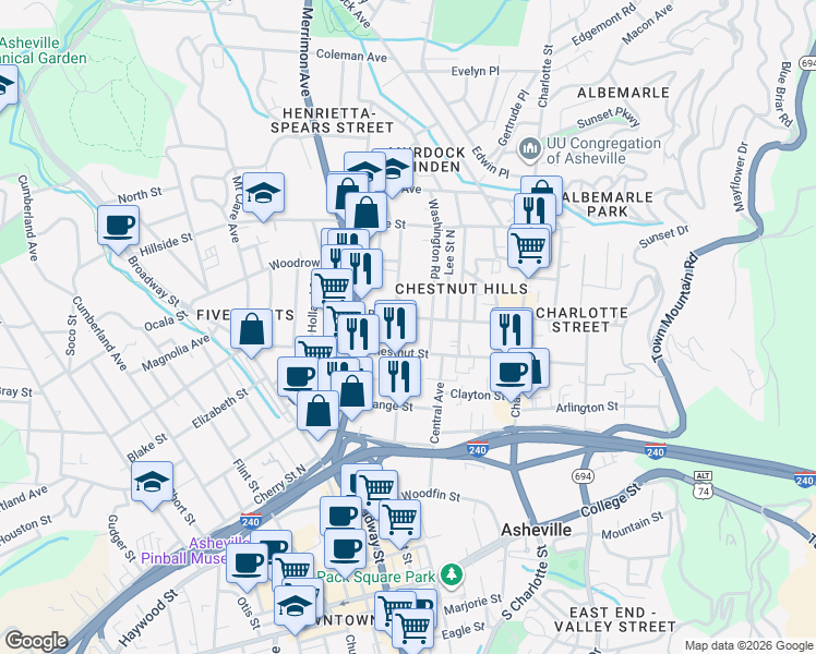 map of restaurants, bars, coffee shops, grocery stores, and more near 49 Broad Street in Asheville