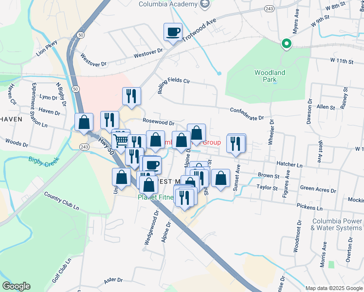 map of restaurants, bars, coffee shops, grocery stores, and more near 1407 Hatcher Lane in Columbia