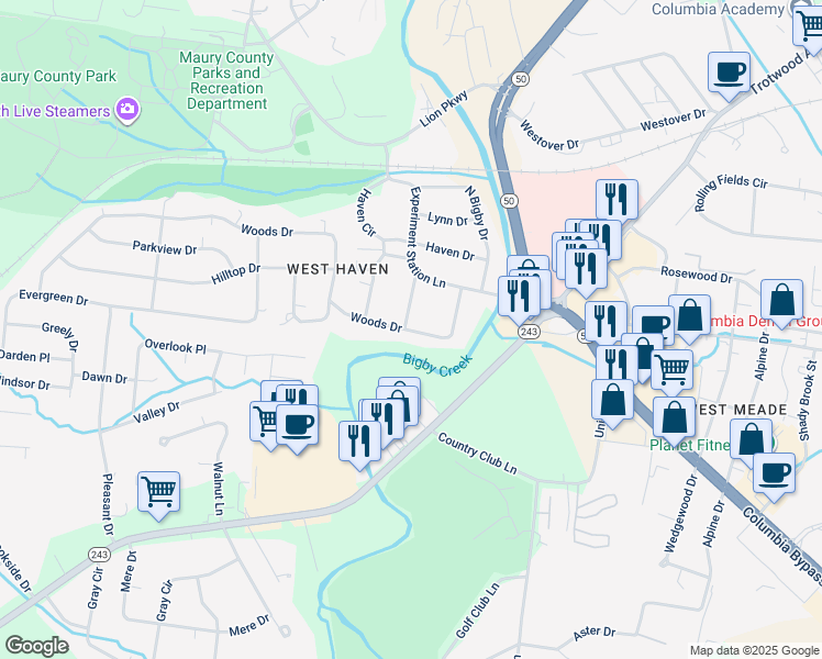 map of restaurants, bars, coffee shops, grocery stores, and more near 204 South Bigby Drive in Columbia