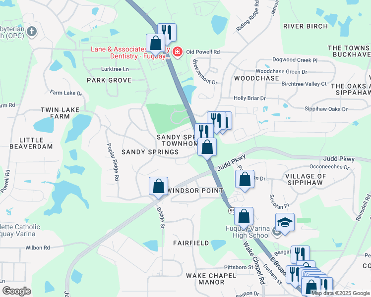 map of restaurants, bars, coffee shops, grocery stores, and more near 1922 Stroll Circle in Fuquay-Varina