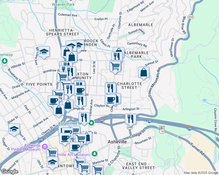 map of restaurants, bars, coffee shops, grocery stores, and more near 129 Charlotte Street in Asheville