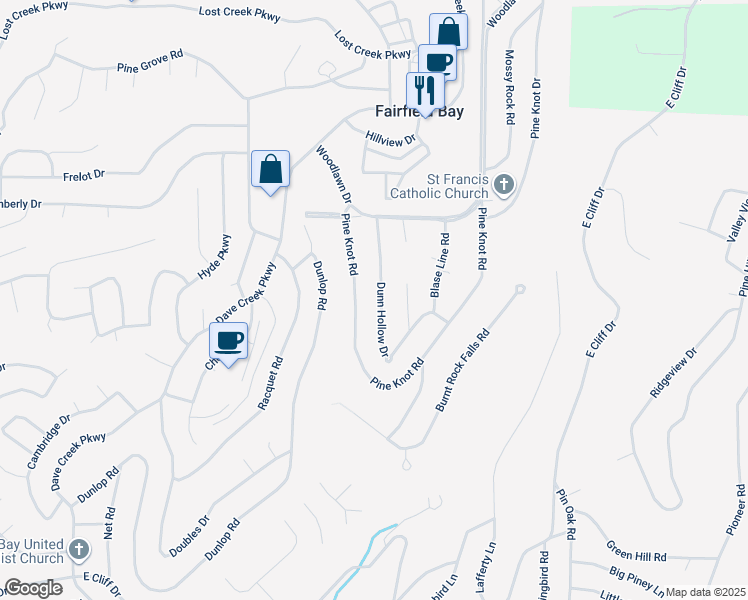 map of restaurants, bars, coffee shops, grocery stores, and more near 128 Dunn Hollow Drive in Fairfield Bay