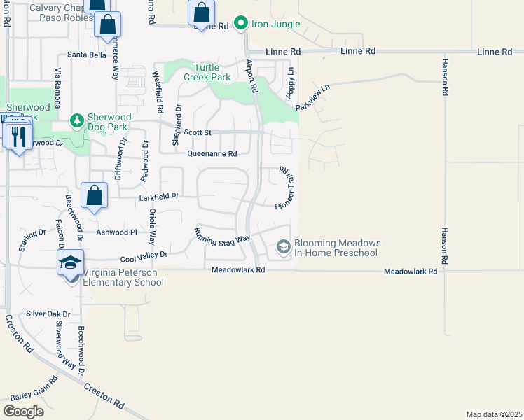 map of restaurants, bars, coffee shops, grocery stores, and more near 1053 Pioneer Trail Road in Paso Robles